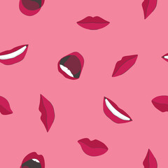 Pattern seamless illustration with lips of different shapes in different emotional states, vector isolated on pink background.