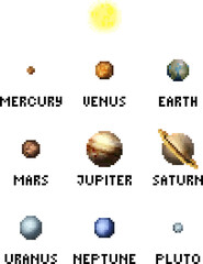 Solar System Planets 8 Bit Video Game Pixel Art