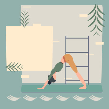 Illustration on the theme of vegetation, abstract image of elements in green and beige pastel colors. A woman does yoga on a mat.