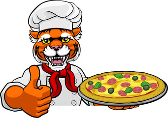 Tiger Pizza Chef Cartoon Restaurant Mascot Sign