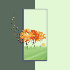 Card picture with a view of the street landscape field with autumn trees with the sun on green grass. Vector illustration isolated on a green background.