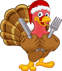 Turkey In Santa Hat Christmas Thanksgiving Cartoon