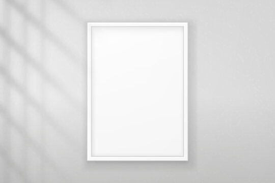 Mockup white frame photo on wall. Mock up picture frames. Horizontal boarder with shadow. Empty photoframe isolated on transparent background. Design border prints poster and painting image. Vector