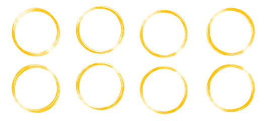 Gold round frame set. Round shape bordered on white background. Geometric line circle design element. Vector illustration.