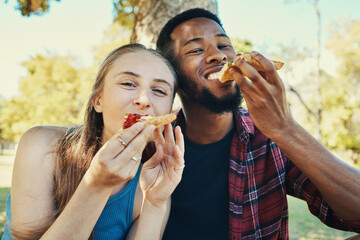 Pizza, park and friends or couple eating outdoor with summer, nature and happy portrait. Picnic,...