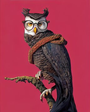 Owl face with glasses. Geek owl with glasses wearing a knitted scarf wrapped around his neck
