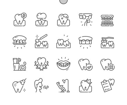 Dentistry. Health care, medical and medicine. Braces, brush teeth, dental crown, gingivitis. Hygiene products. Pixel Perfect Vector Thin Line Icons. Simple Minimal Pictogram