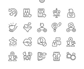 Dating app. Super like. Relationship status, age range, wedding rings. Pixel Perfect Vector Thin Line Icons. Simple Minimal Pictogram