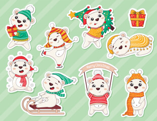 Obraz na płótnie Canvas Bundle of stickers with cute cartoon new year polar bears in winter clothes with christmas tree, skating, sledding, catching snowflakes, carrying gifts, sleeping