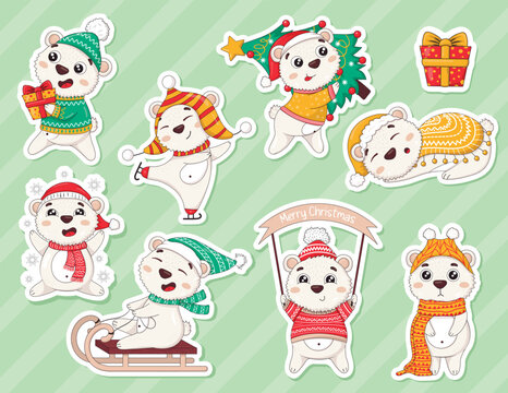 Bundle of stickers with cute cartoon new year polar bears in winter clothes with christmas tree, skating, sledding, catching snowflakes, carrying gifts, sleeping