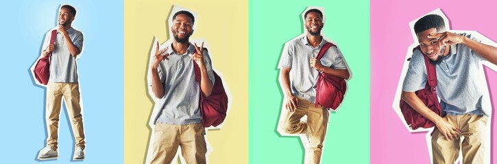 Collage, series and education with a black man student on different color background for back to school marketing. Advertising, study and learning with a cutout of a male university or college pupil