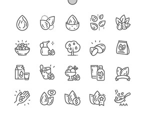 Almond nuts. Walnut oil seed. Almond milk. Food shop, supermarket. Menu for cafe. Pixel Perfect Vector Thin Line Icons. Simple Minimal Pictogram