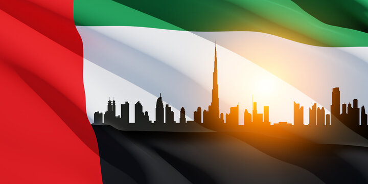Dubai skyline view on the flag of the United Arab Emirates. UAE celebration. National day, Flag day, Commemoration day, Martyrs day.