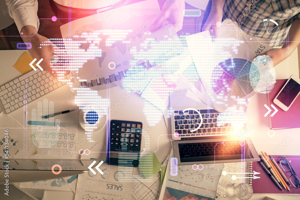 Poster double exposure of man and woman working together and world map hologram drawing. international netw