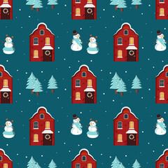 Seamless pattern with houses bright roof on snow, snowmen and Christmas trees. Merry holiday print, New Year and Christmas decorations. Winter and festive background. Vector flat illustration