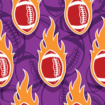 Rugby balls and fire flame seamless pattern vector art image. Flaming American football balls continuous background wallpaper texture.