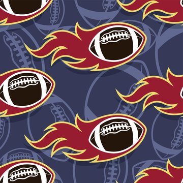 American football balls and fire flames Seamless pattern vector art image. Burning rugby balls repeating tile background wallpaper texture.