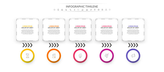 Vector modern infographic with five circles and rectangles. 3D concept graphic process template with 5 steps and icons. Arrows timeline for the business project