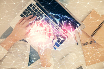 Double exposure of woman working on computer andhuman brain hologram drawing. Top View. Ai concept.