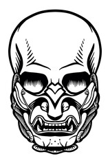 Human skull with Samurai mask - Out line