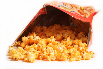 Open Bag of Seasoned Popcorn Isolated on White Background