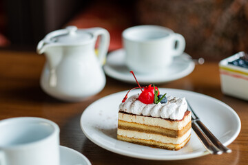  cake on table with tea, dessert, relax time