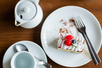  cake on table with tea, dessert, relax time