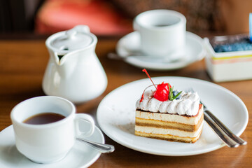  cake on table with tea, dessert, relax time