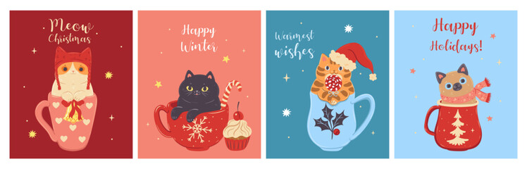 Set of Christmas cards with cute cats in mugs.Vector graphics.