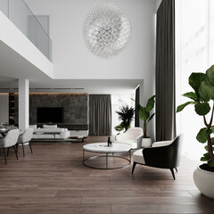 3D visualization of a modern living room, kitchen and dining area. Interior design concept. luxury interior