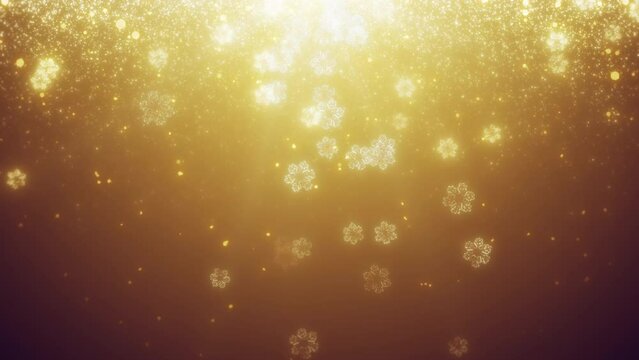 Snowflakes Falling with Particle glow on Background Loop. Snowflake shimmering gold and particle fall on dark glow backgrounds.