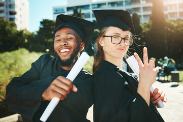 Graduation, students and happy for success, achievement or silly together outdoor. Portrait, man...