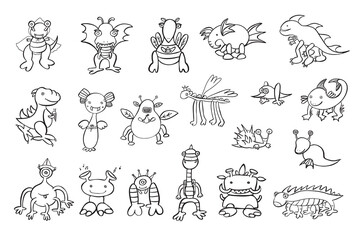 Monster doodle vector line illustrations set.