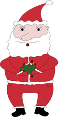 Funny Santa sticker isolated on white with cup of cacao and marshmallows, bag of presents, dancing, chilling, standing, drinking, sitting