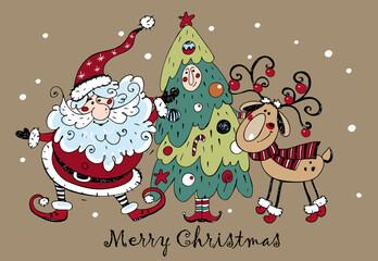 Merry Christmas greeting card. Santa Claus with a Christmas tree and a cheerful deer. Doodle style. Vector.