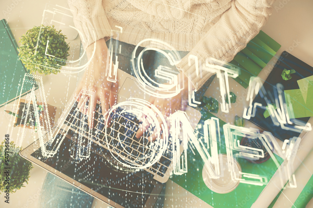 Poster double exposure of woman hands working on computer and blockchain theme hologram drawing. top view. 