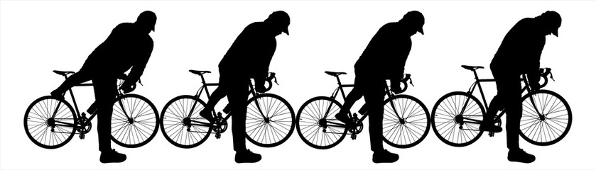 Cyclist in a cap. A man stands with his back to the observer. A man holds his bike in his hands and throws his leg over the frame of the bike. Four black male silhouettes isolated on white background