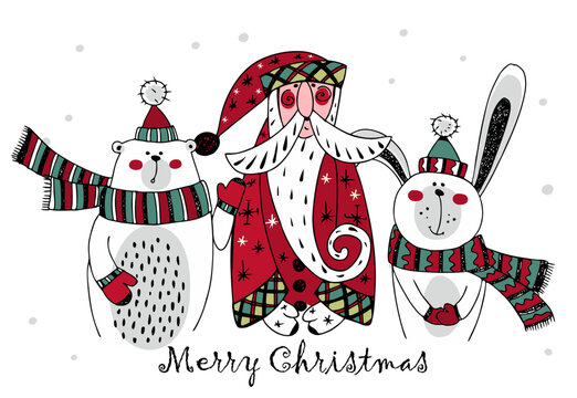 Christmas card with Santa Claus and winter animals hare and bear. Doodle style. Vector.