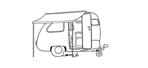 Teardrop trailer caravan with awning as a coloring page - obrazy, fototapety, plakaty