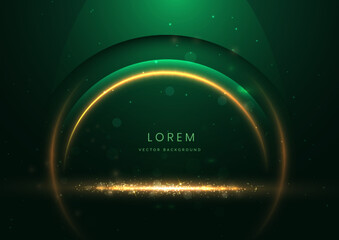 Luxury dark green background with circle glowing green and golden line lighting effect sparkle.
