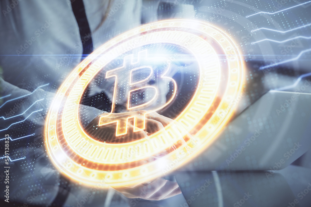 Poster double exposure of woman hands typing on computer and crypto market theme hologram drawing. blockcha