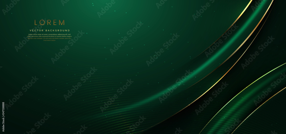 Poster abstract 3d gold curved green ribbon on dark green background with lighting effect and sparkle with 