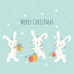 Obraz na płótnie Canvas Cute New Year's rabbits with gifts and Christmas balls. Chinese character for 2023. Vector cartoon flat style. Delicate blue background. Retro postcard design with inscription and place for text.