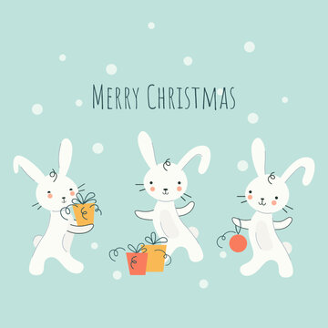 Cute New Year's rabbits with gifts and Christmas balls. Chinese character for 2023. Vector cartoon flat style. Delicate blue background. Retro postcard design with inscription and place for text.