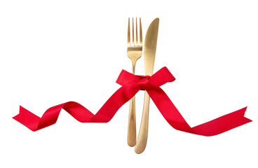 Holiday table setting overhead. Golden cutlery and red ribbon isolated on transparent background,...