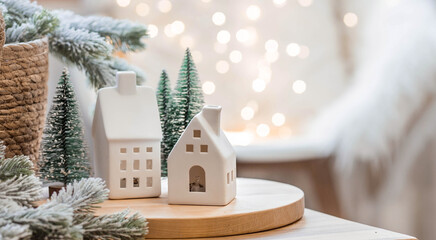 A bouquet of fir trees, a plaid in a wicker basket and Scandinavian white houses on a wooden table in the home interior of the living room. A cozy concept of festive home decoration. - Powered by Adobe