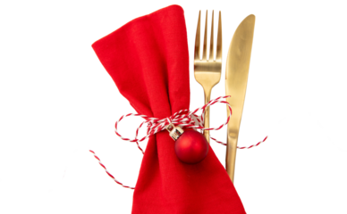 Christmas table setting, celebration dinner. Golden Cutlery and red cloth napkin isolated on transparent background, PNG,
