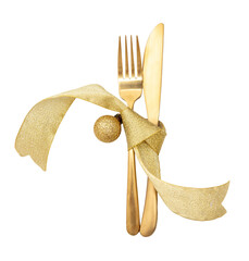Gold cutlery and ribbon decoration isolated on transparent background, PNG. Christmas table setting...