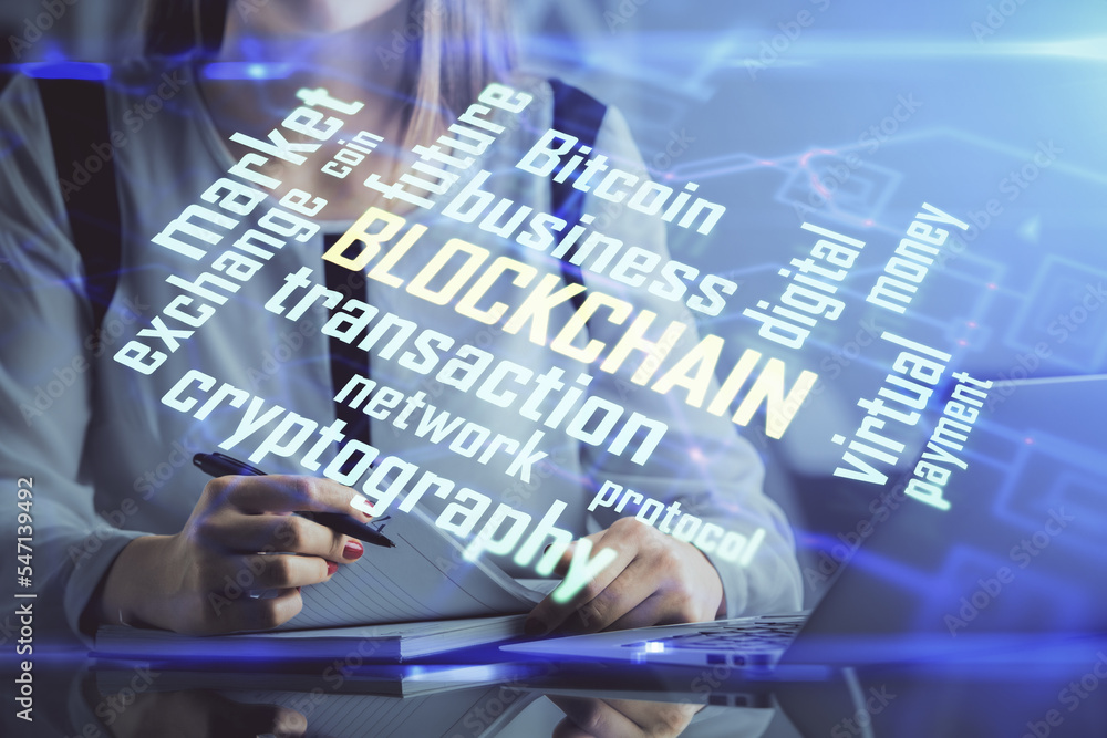 Poster double exposure of woman hands typing on computer and crypto market theme hologram drawing. blockcha