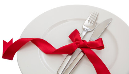 Holiday table setting close up. Cutlery and red satin ribbon decoration on white dishes, transparent background, PNG.